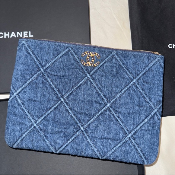 CHANEL Handbags - Chanel 19 Blue Denim Medium O Case Gold Hardware Tweed New